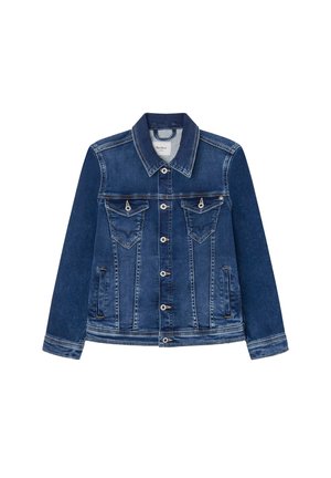 Chaqueta de mezclilla en azul oscuro, con cuello tipo camisa, cierre frontal con botones, dos bolsillos en el pecho y una textura ligeramente desgastada.