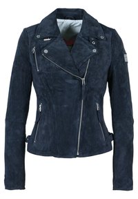 Navy blue suede biker jacket with asymmetrical front zipper, silver zipper pockets, snap buttons on collar, and fitted waist details.