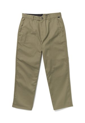 Pantalon droit kaki pour homme avec poches latérales, passants pour ceinture et fermeture à boutons, présenté sur un fond blanc.