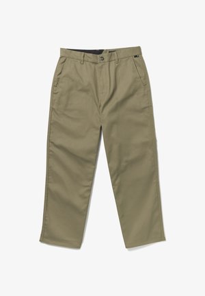 Pantaloni da uomo kaki a gamba dritta con tasche laterali, passanti per cintura e chiusura con bottone, mostrati su sfondo bianco.