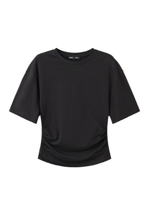 T-shirt noir à manches courtes avec col rond et léger détail froncé à la taille, présenté sur un fond blanc.