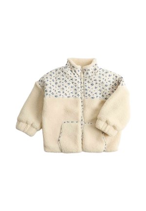 Giacca color crema per bambini piccoli con motivo floreale blu sulla parte superiore del petto e sul colletto, chiusura con zip davanti, polsini elasticizzati e due tasche frontali.