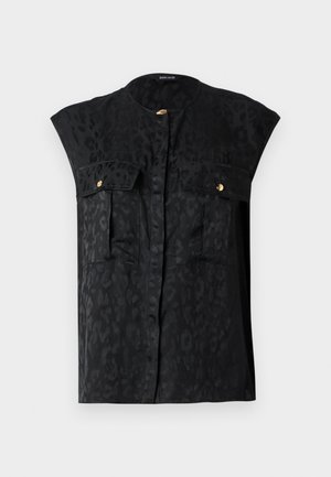 Črna brezrokavna majica z diskretnim leopardskim vzorcem, dvema žepoma na prsih z zlatimi detajli in okroglim izrezom. Gladek tekstil.