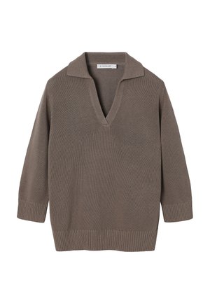 Pull en maille marron à manches longues avec col en V profond et poignets et ourlet côtelés, taille petite, posé à plat sur fond blanc.
