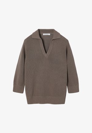 Pull en maille marron à manches longues avec col en V profond et poignets et ourlet côtelés, taille petite, posé à plat sur fond blanc.