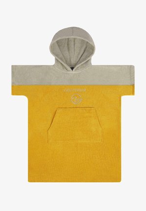Gelbes und graues Kapuzenponcho aus Terry-Stoff, mit einer Vordertasche und dem "normani"-Logo. Weiche Textur, breite Ärmel und entspannter Schnitt.