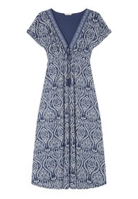 Robe bleu marine avec un motif cachemire, manches courtes, décolleté en V, lien ajustable à la taille et silhouette fluide.