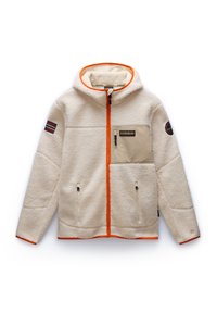 Ljusbeige fleecejacka med orange detaljer, huva, fickor med dragkedja, beige bröstficka och lappar på båda ärmarna.