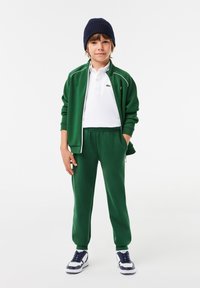 Tuta verde con giacca con zip e pantaloni con cintura elastica, abbinata a una polo bianca e a un berretto di maglia blu navy. Le sneakers presentano dettagli bianchi e blu navy.