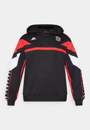 Black hoodie with red and white geometric accents. Features a front pocket, drawstring hood, and Kappa logo on the chest and sleeves.