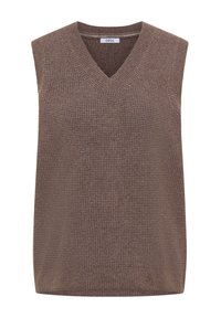 Ärmellose braune Strickweste mit V-Ausschnitt, mit einem strukturierten Muster und einem gerippten Saum. Hergestellt aus einem weichen, leichten Material.