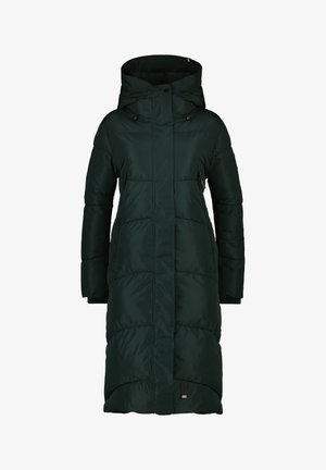Langer, dunkelgrüner Daunenmantel mit hohem Kragen, seitlichen Reißverschlusstaschen und gepolsterter Oberfläche. Verfügt über eine verstellbare Kapuze und Ärmelbündchen.