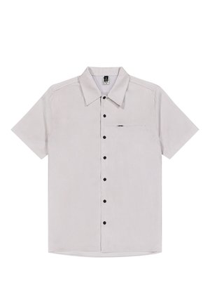 Short-sleeve light gray shirt made of textured fabric, featuring a button front, black buttons, and a chest pocket with subtle detailing.
