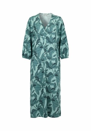 Lang knap-op-teal kjole med mørkegrønt bladprint, trekvartærmer og elastiske manchetter.