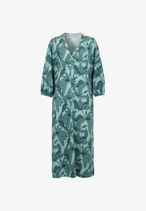 Türkisfarbenes, langes Hemdkleid mit dunkelgrünem Blattmuster, dreiviertel Ärmeln und elastischen Bündchen.