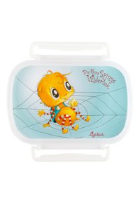 Plastic lunchbox with a transparent lid featuring a cartoon spider character with orange body, striped red and white legs, and blue background.
