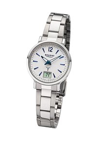 Montre en acier inoxydable argenté avec un cadran rond blanc, des index horaires bleus, des aiguilles noires et un affichage numérique en bas. Marque : Regent.