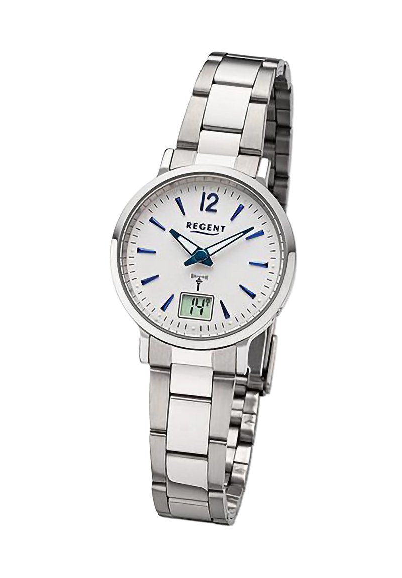 Montre en acier inoxydable argenté avec un cadran rond blanc, des index horaires bleus, des aiguilles noires et un affichage numérique en bas. Marque : Regent.