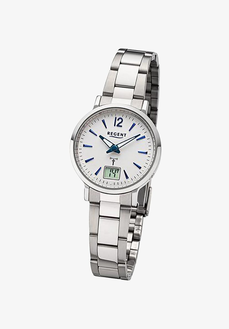 Montre en acier inoxydable argenté avec un cadran rond blanc, des index horaires bleus, des aiguilles noires et un affichage numérique en bas. Marque : Regent.