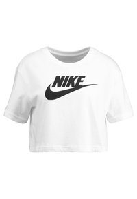 Camiseta corta blanca de algodón, con un audaz logo negro de Nike en el pecho. Mangas cortas y un diseño de ajuste relajado.