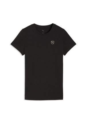 T-shirt noir à manches courtes Puma avec col rond et petit logo Puma doré sur le côté gauche de la poitrine.