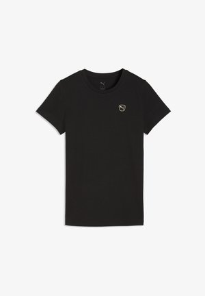 T-shirt noir à manches courtes Puma avec col rond et petit logo Puma doré sur le côté gauche de la poitrine.
