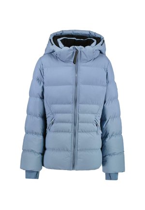 Lichtblauwe gewatteerde winterjas met capuchon, volledige ritssluiting aan de voorkant, ritszakken aan de zijkant en ribgebreide binnenmanchetten.