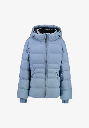 Lichtblauwe gewatteerde winterjas met capuchon, volledige ritssluiting aan de voorkant, ritszakken aan de zijkant en ribgebreide binnenmanchetten.