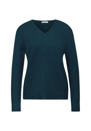 Svetří v barvě smaragdově modré s výstřihem do V, vyrobený z pleteného materiálu, s dlouhými rukávy a žebrovanými manžetami. Hladká textura a klasický, přiléhavý design bez dodatečných ozdob.
