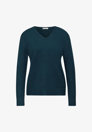 Svetří v barvě smaragdově modré s výstřihem do V, vyrobený z pleteného materiálu, s dlouhými rukávy a žebrovanými manžetami. Hladká textura a klasický, přiléhavý design bez dodatečných ozdob.