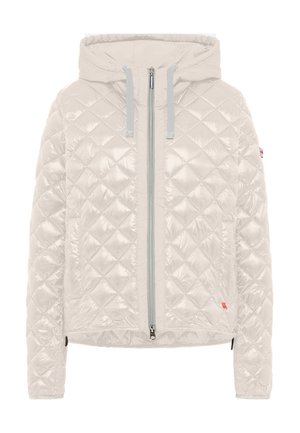 Gequilted pufferjack in lichtbeige met een capuchon. Voorzien van een ritsluiting, grijze accenten en een klein logo detail op de linker mouw.