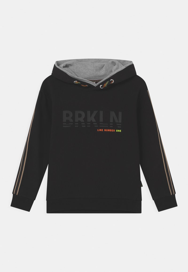 Sweat à capuche noir avec doublure intérieure grise, portant le texte "BRKLN" et "LINE NUMBER ONE" en couleurs, bandes dorées sur les manches, cordon de serrage ajustable.