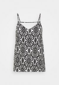 Camisole à motifs noirs et blancs avec un col en V, des bretelles fines et une coupe ample ; présente un design géométrique abstrait sur toute la surface.