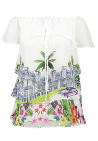 Blouse blanche à épaules dénudées avec un design en couches. Présente des palmiers imprimés, une vue de la ville et des motifs floraux colorés sur l'ourlet inférieur.