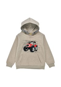 Grauer Hoodie mit einer Fronttasche, versehen mit einem roten Traktor-Graphic auf einem Ziegelmuster. Akzentuiert mit einem schwarz-weißen "CONSTRUCTOR" Kapuzenfutter.
