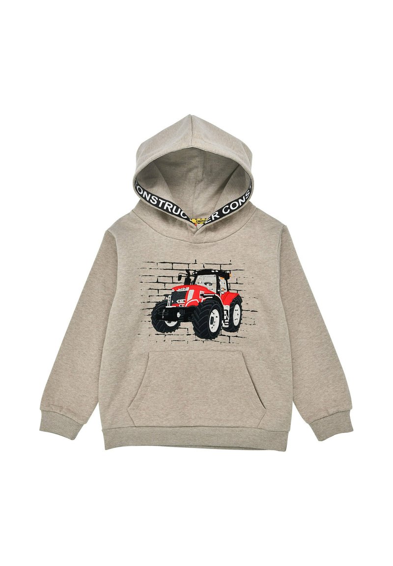 Grauer Hoodie mit einer Fronttasche, versehen mit einem roten Traktor-Graphic auf einem Ziegelmuster. Akzentuiert mit einem schwarz-weißen "CONSTRUCTOR" Kapuzenfutter.