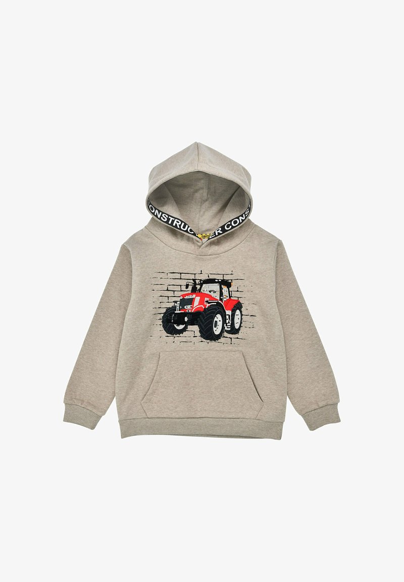Grauer Hoodie mit einer Fronttasche, versehen mit einem roten Traktor-Graphic auf einem Ziegelmuster. Akzentuiert mit einem schwarz-weißen "CONSTRUCTOR" Kapuzenfutter.