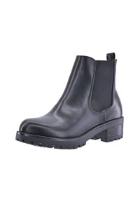 Stivaletto in pelle nera con pannelli elastici sui lati, punta arrotondata e suola in gomma testurizzata e chunky. Dotato di un'etichetta per un facile indossamento.