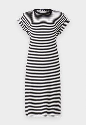 Abito a righe bianche e nere con texture a costine, scollatura rotonda e maniche corte. Dettaglio del logo discreto all'orlo.
