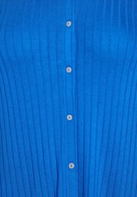 Top in maglia a coste blu con cinque bottoni rotondi sul davanti, caratterizzato da un motivo testurizzato sulla stoffa.