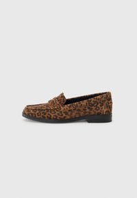 Leopard print loafers made of soft brown suede with a flat black rubber sole and a stitched upper, featuring a round toe and a vamp strap.