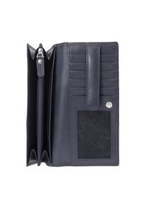 Portafoglio in pelle blu navy con più scomparti per carte, una tasca con zip e una finestra ID trasparente. Texture liscia e dettaglio con chiusura a scatto.