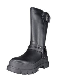 Bota alta de cuero negro hasta la rodilla con suela de goma gruesa, correa ajustable y detalle de hebilla, con una textura suave y un diseño de suela resistente.