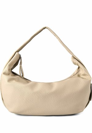 Sac à bandoulière en cuir beige texturé avec une forme incurvée et une seule large sangle, doté d'une tirette de fermeture éclair sur un côté.