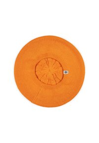 Knitted bright orange beret with a ribbed edge and a small rectangular brand tag on the side, displayed flat on a white background.