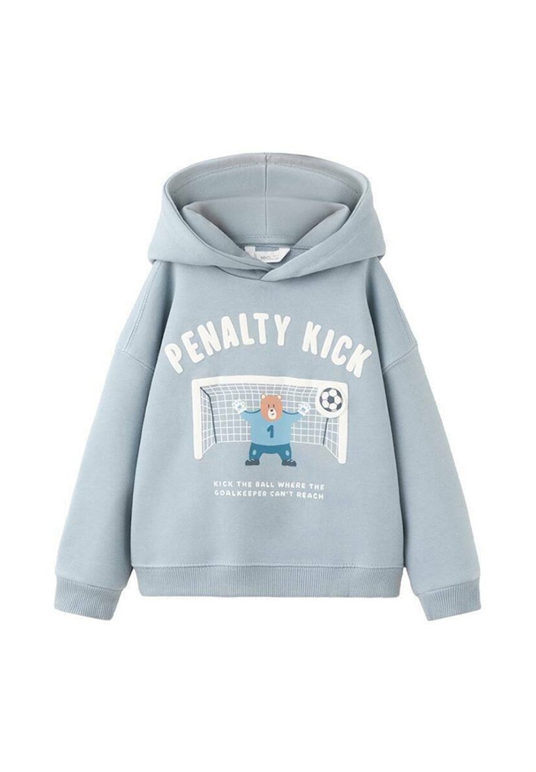 Sweat à capuche bleu clair en tissu doux, avec un motif d'un ours dans un but de football, le texte "PENALTY KICK" et un design de ballon de football.