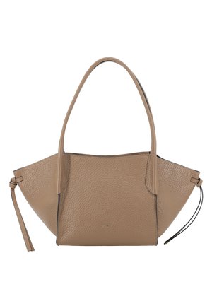 Taupe textured leather handbag with wide side panels, two handles, and drawstring details on each side.