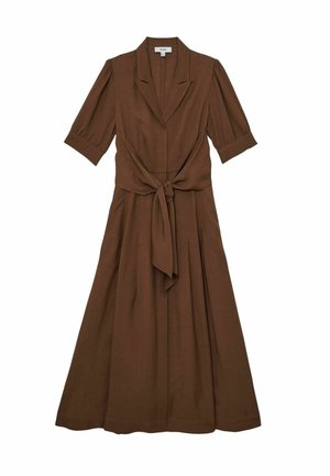 Brūna midi kleita ar īsām piedurknēm, apkakli ar iegriezumu un priekšpusē sasienamu jostu, ar plūstošu svārku un aprocētām piedurknēm.