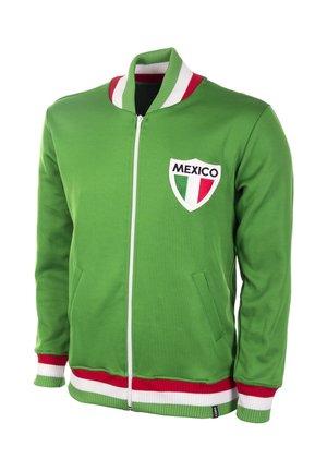 Groene jas met rits met een kraag, manchetten en zoom met rood, wit en groen gestreept, met een Mexico-embleem op de borst.