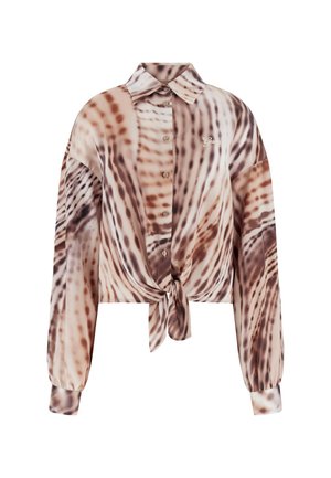 Gekürzte Seidenbluse mit vorne gebundenem Design, braun-beigem Animal-Print, langen Ärmeln und Knöpfen vorne.